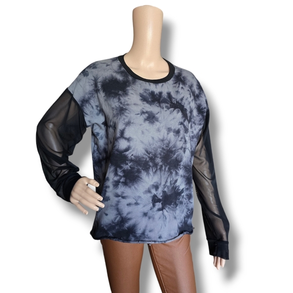 HOT TOPIC Ladies Gray & Black Mesh Sleeve Tie Dye Sweatshirt - Picture 12 of 16